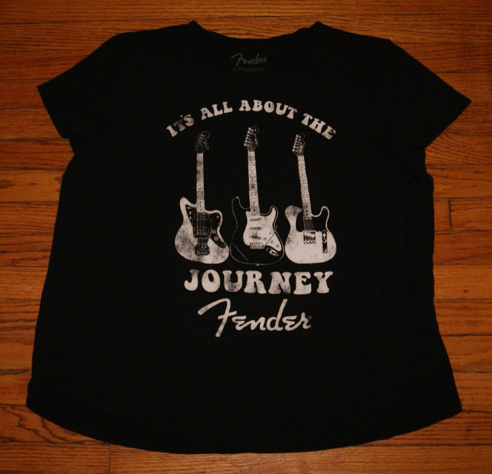 Fender TShirt Womens XL Black White Guitar Its All About The Journey Music
